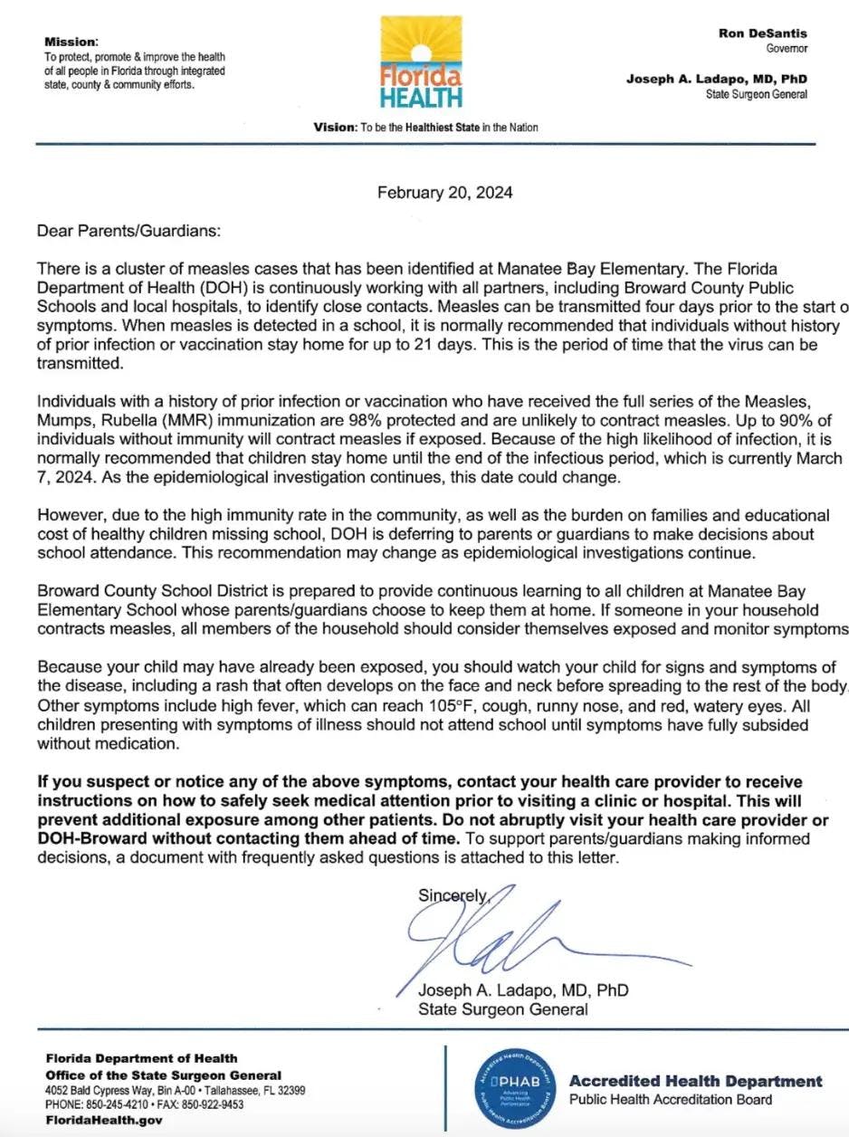 The letter sent by Florida Surgeon General Joseph Ladapo, MD, PhD after the measles outbreak in the state.