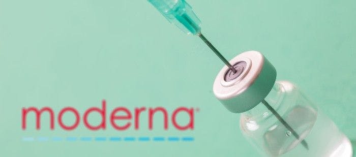 Picture of "Moderna" and a bottle with needle