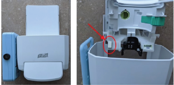 Figure 1: Sensor on the Side of Alcohol Foam Dispenser Communicates With Magnet Inside the Dispenser  IMAGE CREDIT: CLEAN HANDS SAFE HANDS  