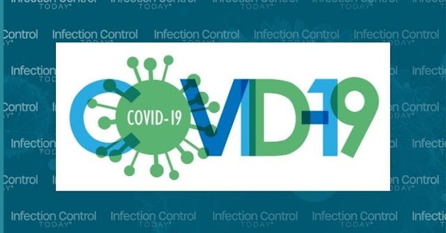 COVID-19 in blue and green with virus symbol  (Adobe Stock 331001452 by Web Buttons Inc)