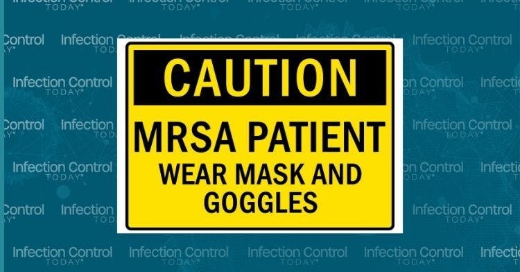 Safety equipment sign and labels: A patient with MRSA wears a mask and goggles.    (Adobe Stock 569752761 by Pog)