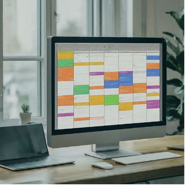 A colorful calendar on a computer.  (Image credit: Brenna Doran, PhD, MA, ACC, CIC via AI.) 