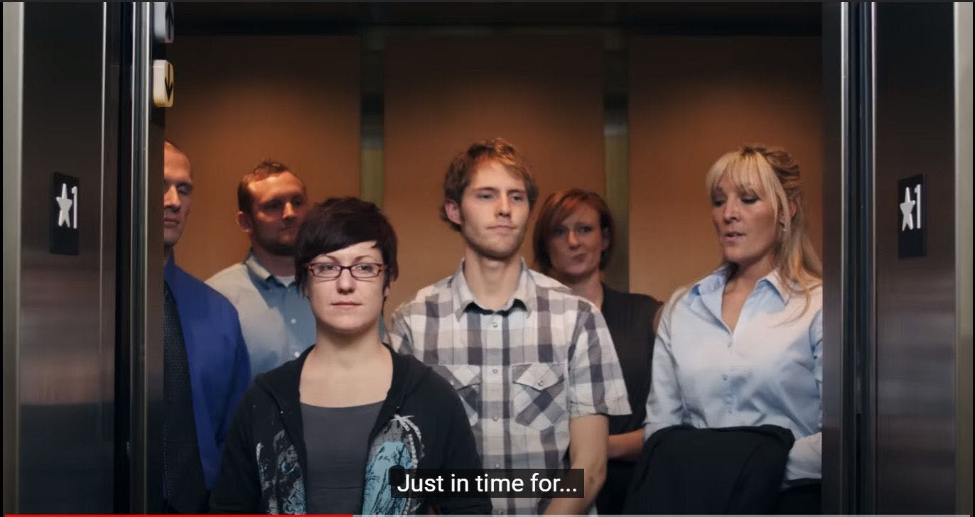 CDC commercial with no one wearing a mask in the elevator