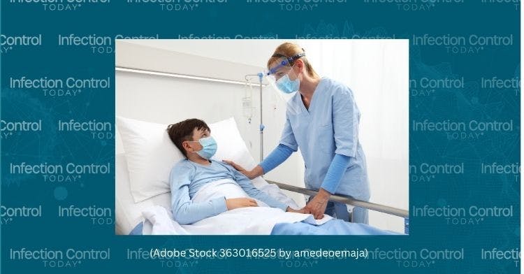 Nurse takes care of the patient child in hospital bed, wearing protective masks.  (Adobe Stock 363016525 by amedeoemaja)