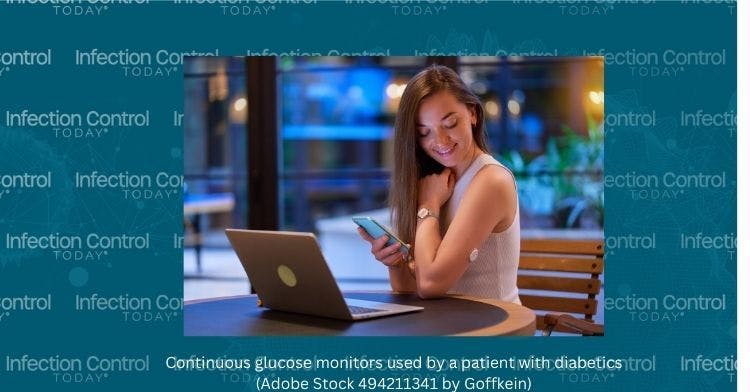 Continuous glucose monitors used by a patient with diabetics  (Adobe Stock 494211341 by Goffkein) 