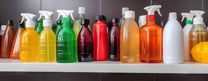 Disinfectant bottles on shelf   (Adobe Stock 605352002 by primopiano)